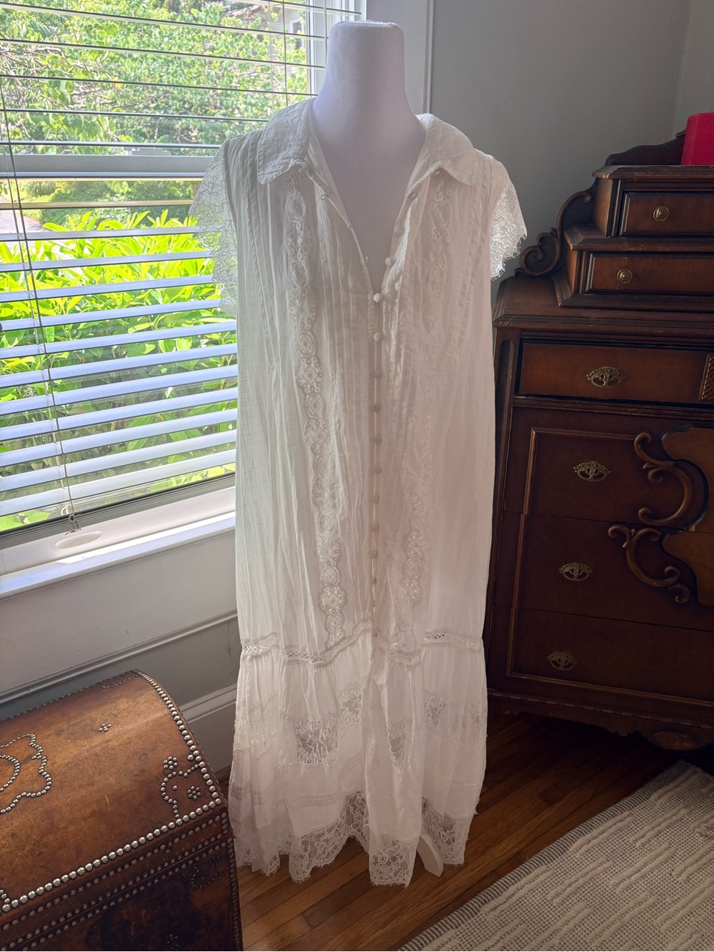 Anthropologie Soft White Sheer Lace-Trim Dress